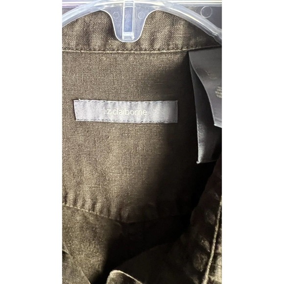Liz Claiborne Linen Button Up Brown Sz L Top Roll Tab Sleeves - Picture 6 of 11
